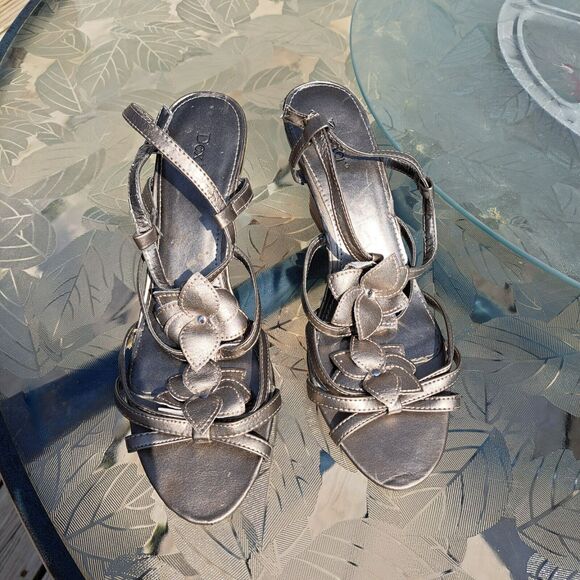 DEXTER METALLIC FLORAL SLINGBACK SANDALS WOMENS SIZE 10 GUNMETAL STRAPPY WEDGE - Picture 1 of 6